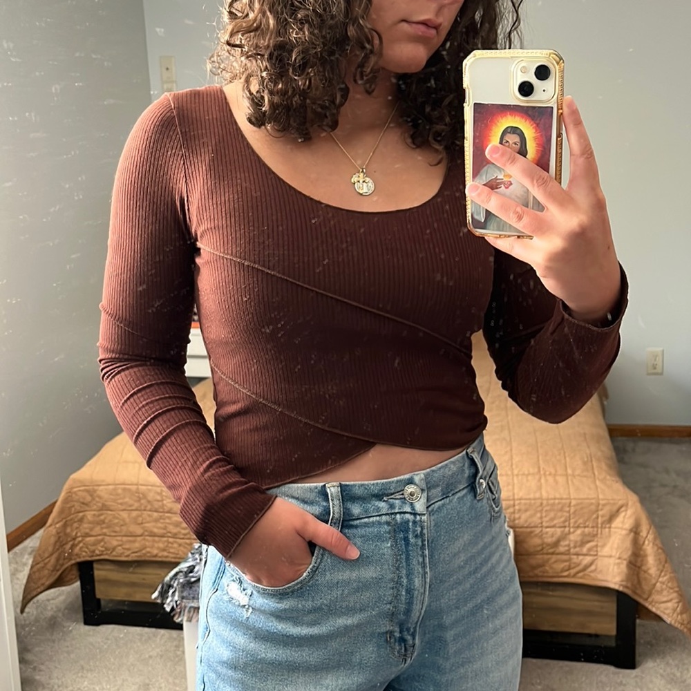 Dark Brown Long-Sleeve Cropped Sadie and Sage Top